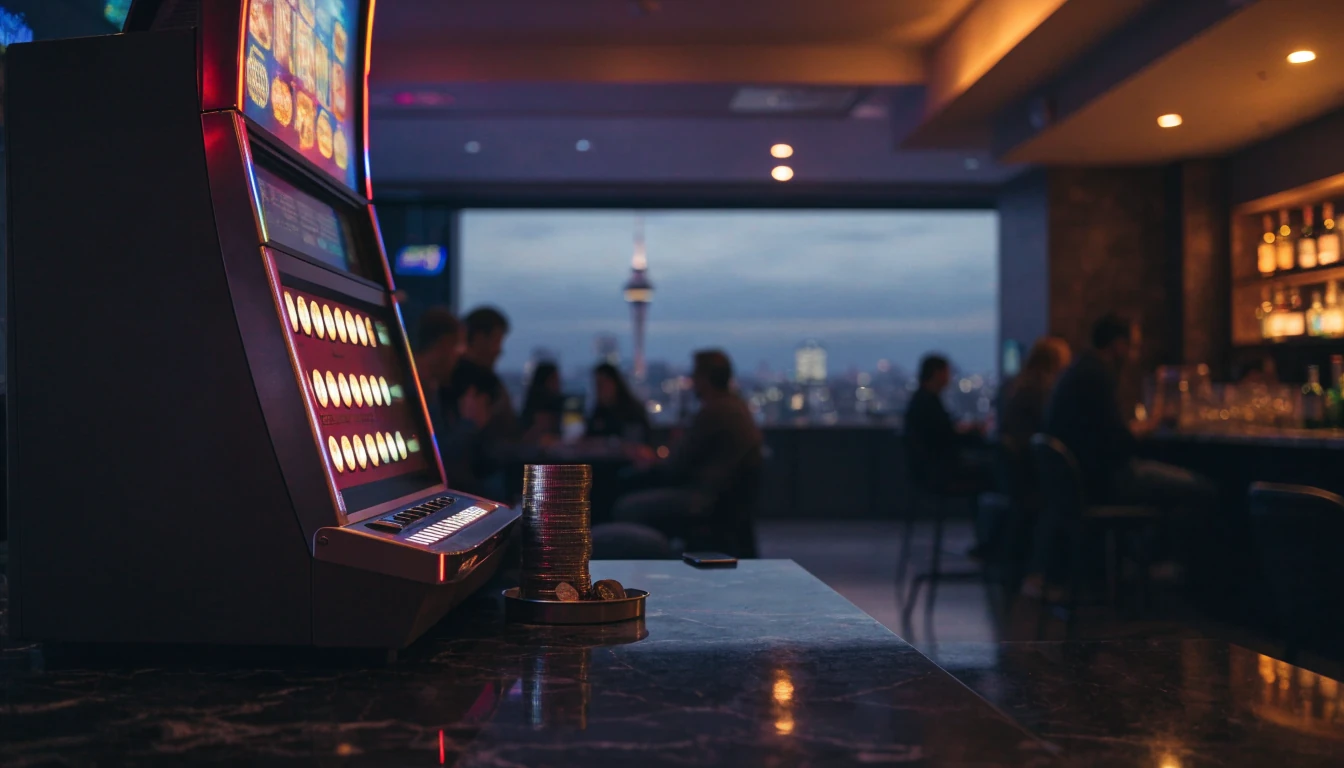Modern slot machine in a New Zealand casino lounge with smartphone nearby