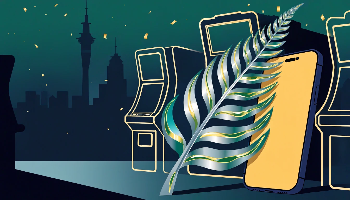 Illustration of a smartphone with silver fern beside slot machine silhouettes in casino colors