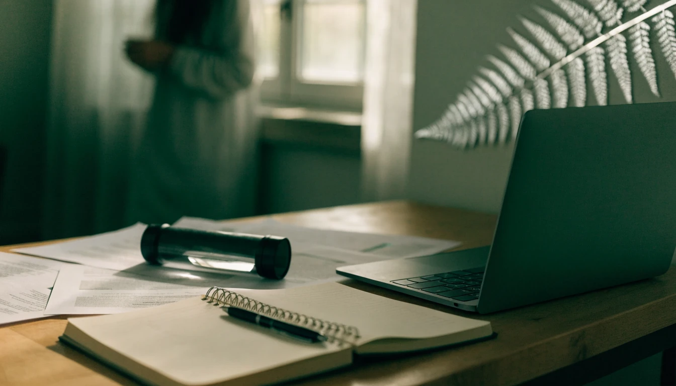 Notebook with magnifying glass on wooden desk in New Zealand setting