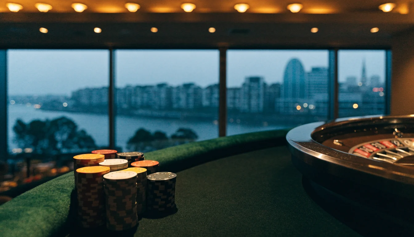 Casino gaming table with roulette wheel overlooking Auckland harbour at dusk
