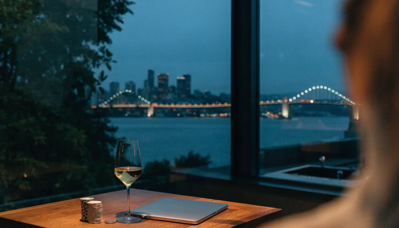 Auckland apartment interior at dusk with chips and wine on table