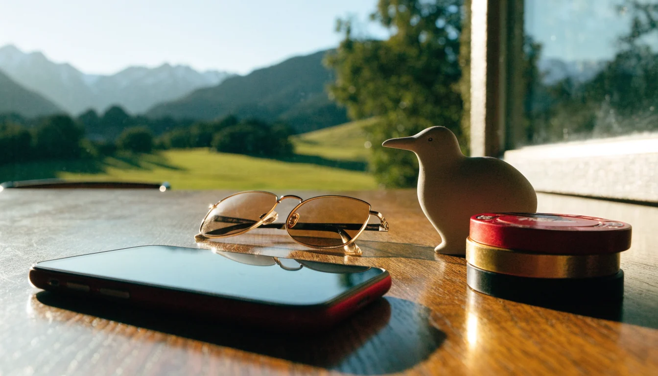 Casino chips, a kiwi figurine, and a smartphone on a table with a New Zealand landscape in the background.