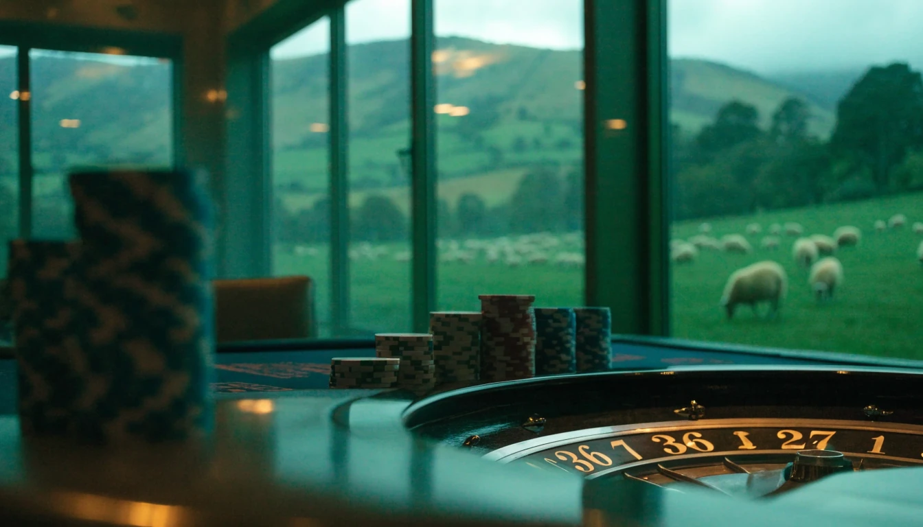Casino chips and roulette wheel with New Zealand hills visible through window