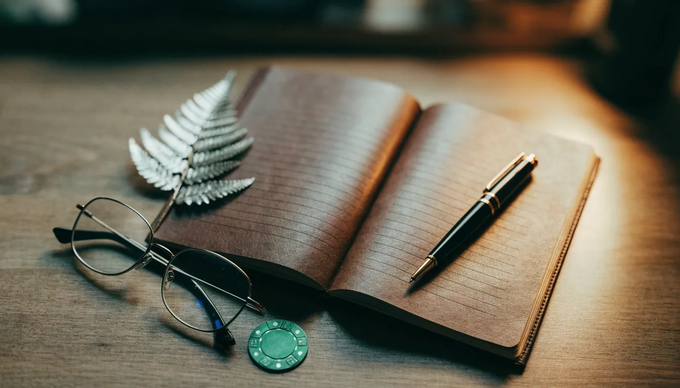 Notebook with pen, reading glasses, and a casino chip on a wooden desk, silverfern accent