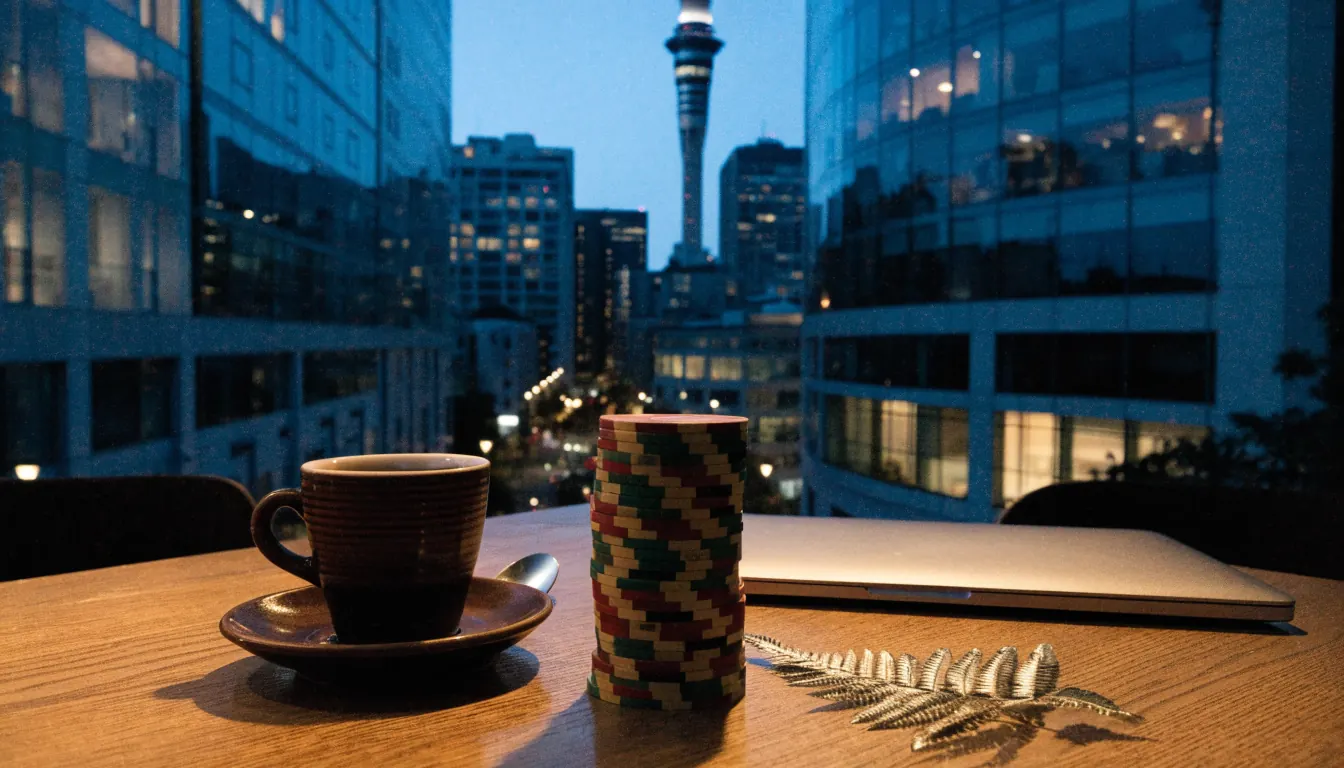 Auckland skyline at dusk with casino chips and a fern leaf on a cafe table