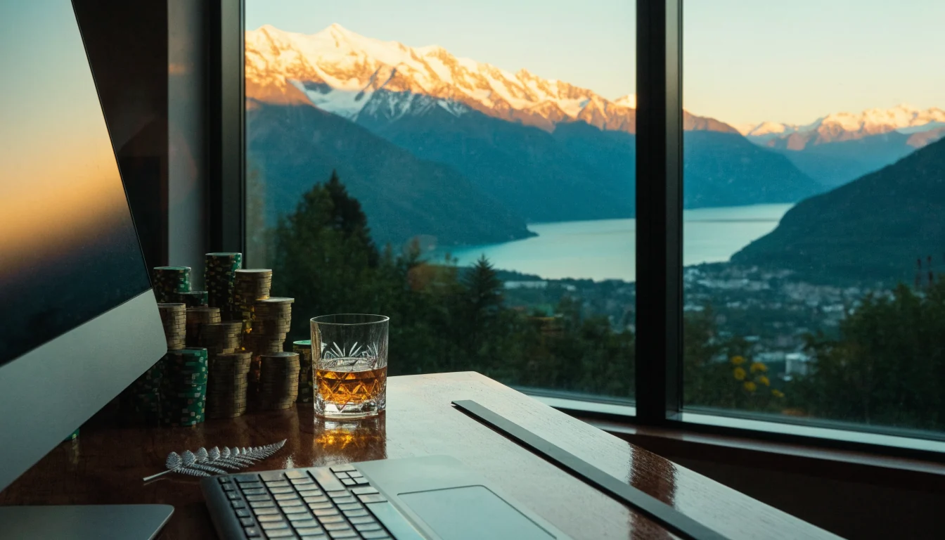 Luxury apartment desk with monitor, casino chips, and New Zealand alpine lake view at golden hour