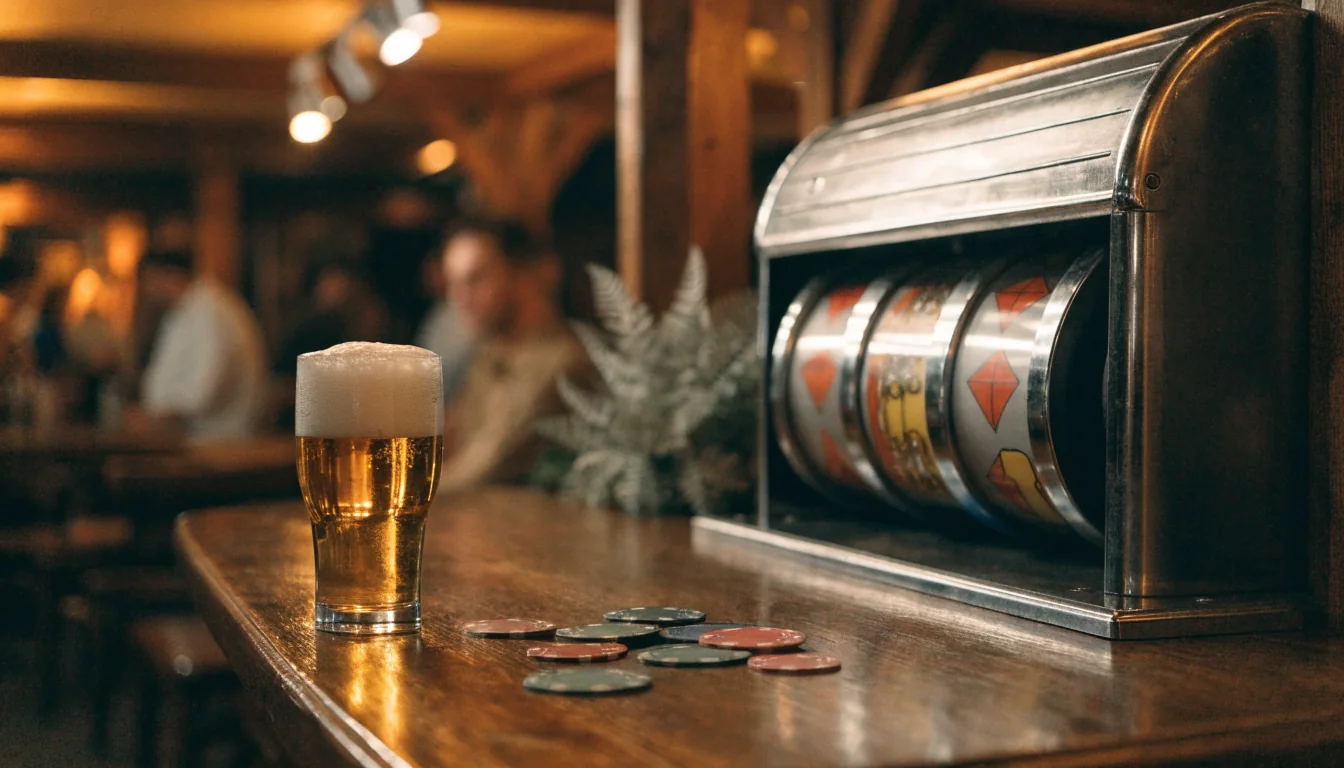Cozy New Zealand pub with casino chips and slot machine