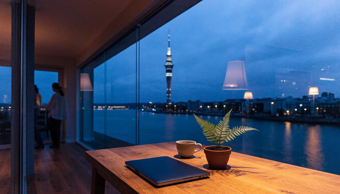 Closed laptop on a table with a silver fern plant overlooking Auckland Sky Tower at dusk