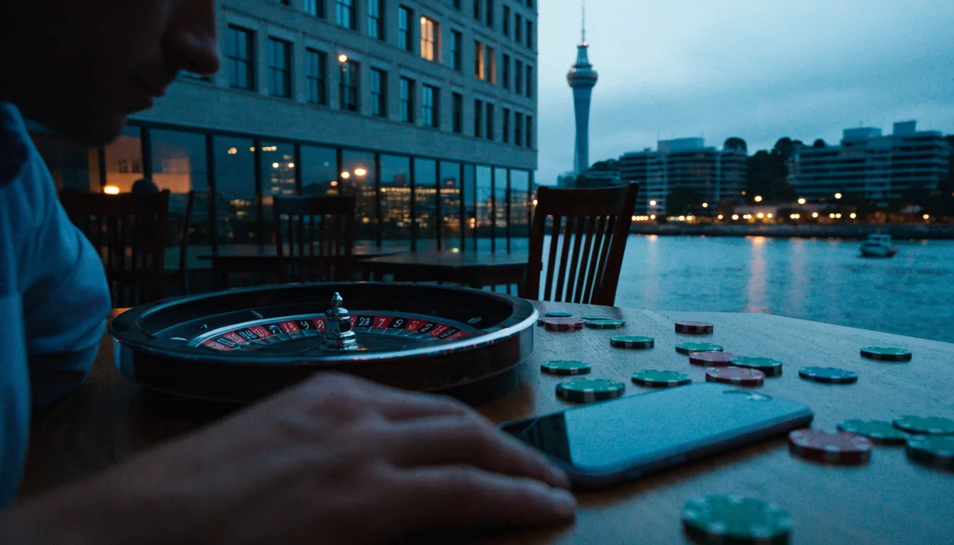 New Zealand cityscape at twilight with casino items on a table